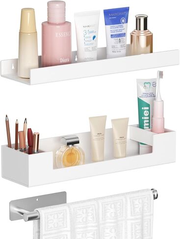 HIIMIEI Bathroom Shelves Wall Mounted: White Floating Shelf with Hand Towel Bar, 14.9in Acrylic Hanging Shelves Over Toilet, Set of 3 Bathroom Organizers Rack for Skin Care, Perfume, Lotion Storage in Kuwait