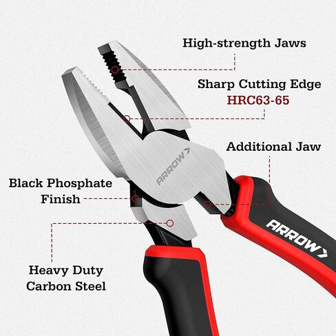 ARROW Linesman Pliers, 8-inch High Leverage Diagonal Pliers Tool with Comfortable TPR Handle, High Carbon Steel, Wire Cutter for Electric and Daily Use in Kuwait