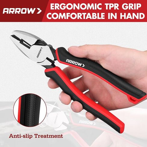 ARROW Linesman Pliers, 8-inch High Leverage Diagonal Pliers Tool with Comfortable TPR Handle, High Carbon Steel, Wire Cutter for Electric and Daily Use in Kuwait
