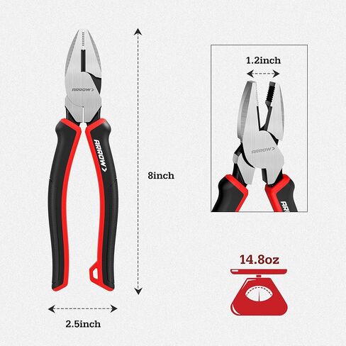 ARROW Linesman Pliers, 8-inch High Leverage Diagonal Pliers Tool with Comfortable TPR Handle, High Carbon Steel, Wire Cutter for Electric and Daily Use in Kuwait