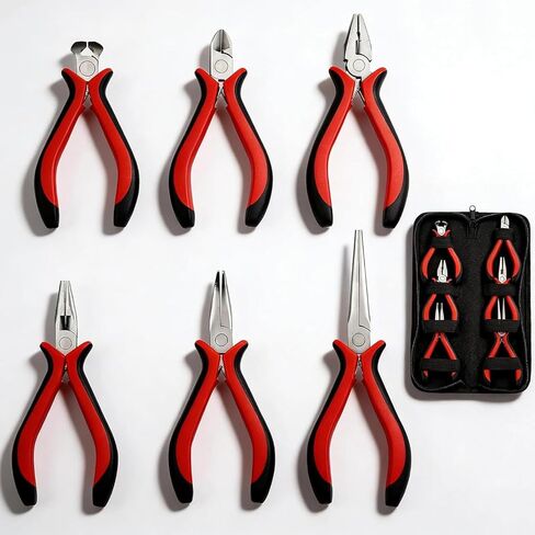 6-Piece Mini Pliers Set with Needle Nose, Linesman, Diagonal, Bent Nose, End Cutting, and Long Nose Pliers for Electronics Repair and Jewelry Making in Red and Black, Includes Storage Pouch in Kuwait