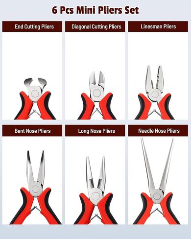 6-Piece Mini Pliers Set with Needle Nose, Linesman, Diagonal, Bent Nose, End Cutting, and Long Nose Pliers for Electronics Repair and Jewelry Making in Red and Black, Includes Storage Pouch in Kuwait