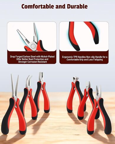 6-Piece Mini Pliers Set with Needle Nose, Linesman, Diagonal, Bent Nose, End Cutting, and Long Nose Pliers for Electronics Repair and Jewelry Making in Red and Black, Includes Storage Pouch in Kuwait