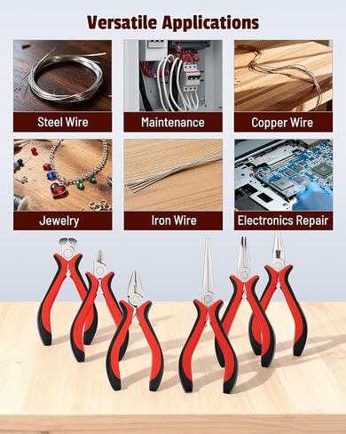 6-Piece Mini Pliers Set with Needle Nose, Linesman, Diagonal, Bent Nose, End Cutting, and Long Nose Pliers for Electronics Repair and Jewelry Making in Red and Black, Includes Storage Pouch in Kuwait