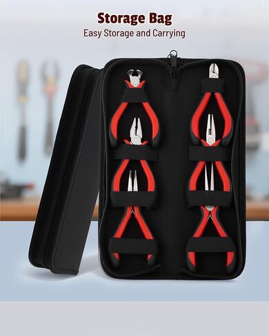 6-Piece Mini Pliers Set with Needle Nose, Linesman, Diagonal, Bent Nose, End Cutting, and Long Nose Pliers for Electronics Repair and Jewelry Making in Red and Black, Includes Storage Pouch in Kuwait
