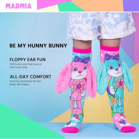 جوارب MADMIA Hunny Bunny بطول الركبة - جوارب ملونة للأطفال والكبار، هدية يوم جورب ممتعة ومجنونة in Kuwait