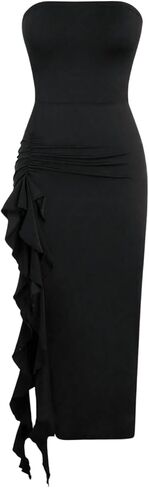 GORGLITTER Women's Ruffle Strapless Going Out Bodycon Maxi Dress Ruched Dinner Birthday Cocktail Party Club Dresses in Saudi Arabia