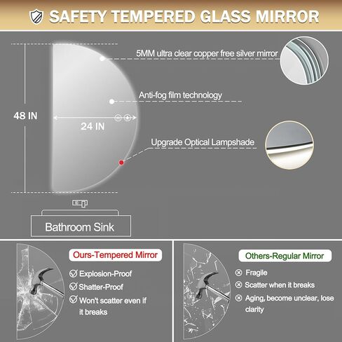48"× 24" Half Moon LED Mirror for Bathroom, Lighted LED Vanity Mirror with Backlit, Anti-Fog,Dimmable 3-Color Lights, Frameless Irregular Smart Mirror in Saudi Arabia