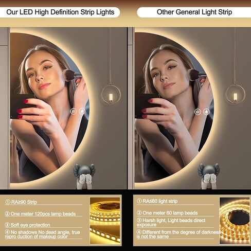48"× 24" Half Moon LED Mirror for Bathroom, Lighted LED Vanity Mirror with Backlit, Anti-Fog,Dimmable 3-Color Lights, Frameless Irregular Smart Mirror in Saudi Arabia