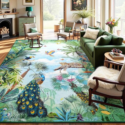 HOMORE سجادة قابلة للغسل مقاس 8 × 10 سجاد حيوانات لغرفة المعيشة وغرفة النوم وسجادة الغابة مع سجاد سفاري لنباتات شجرة الغابات مع نمر الطاووس غير قابل للانزلاق لغرفة الأطفال، ليلة داكنة سوداء in Kuwait