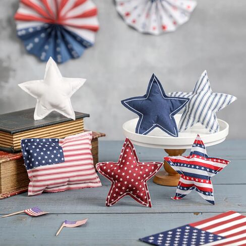 4th of July Stars Ornaments for Tiered Tray Decor - 6Pcs Patriotic Stuffed Fabric Stars - American Flag Red White and Blue Bowl Filler for Independence Day, Memorial Day Home Decorations in Kuwait