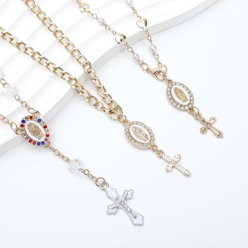 3 Pieces Car Rosary for Rearview Mirror Charm Steering Wheel Rosary Accessory Cross Pendant Car Decor Auto Interior Hanging Accessories in Kuwait