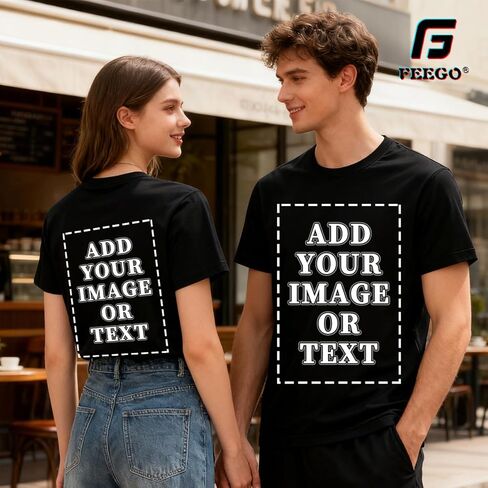 تي شيرت FEEGO سميك من القطن بأكمام قصيرة، طباعة أمامية وخلفية، مخصص مع صورتك، مناسب للرجال والنساء in Kuwait