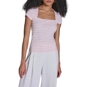 BCBG Women's Knit Striped Cap Sleeve Square Neck Top in Kuwait