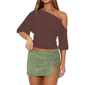 BONITEE قمصان نسائية بكتف واحد موضة صيف 2026 مكشوفة الكتفين قمصان غير رسمية مقصوصة وأكمام قصيرة بلوزات قصيرة تي شيرت in Kuwait