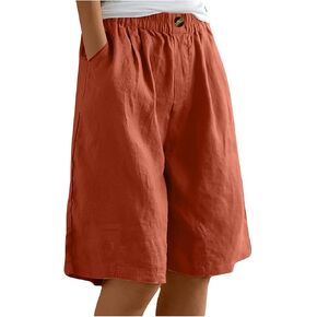 Linen Bermuda Shorts for Women Knee Length Long Short Casual Elastic Waist Wide Leg Summer Beach Culottes with Pocket in Kuwait