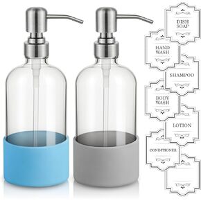 16 oz Hand and Dish Soap Dispenser Set for Kitchen and Bathroom, 500ml Amber Glass Soap Dispenser with Stainless Steel Pump, Non-Slip Silicone Sleeves, Labels - 2 Pack in Saudi Arabia