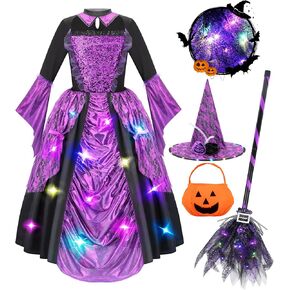 Meland Witch Costume for Girls - Light up Halloween Costumes for Kids Girl Dress up, Witch Dress for Toddler Girls Ages 3-10 in Kuwait