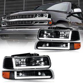 مجموعة المصابيح الأمامية LED DRL، مجموعة المصابيح الأمامية متوافقة مع 1999-2002 تشيفي سيلفرادو 1500 2500/2001 2002 سيلفرادو 1500HD 2500HD 3500HD استبدال المصابيح الأمامية غطاء أسود عاكس كهرماني in Kuwait