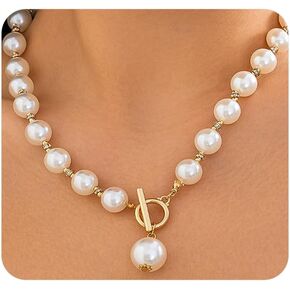 Vintage Chunky Pearl Necklace for Women,Gold Large Pearls Beaded Ot Toggle Statement Necklace,Trendy Bridal Wedding Guest Pearl Jewelry Accessories in Kuwait
