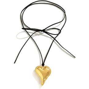 PLOUTOS Heart Bow Tie Lariat Pendant Wrap Choker Necklace For Women Statement Y2K Gothic Minimalist Black Cord Adjustable Long Strand Gold Hue Fashion in Kuwait