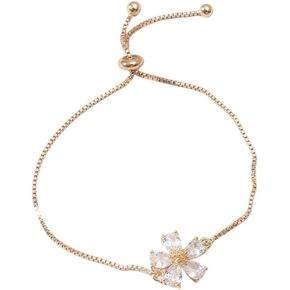 Gold Adjustable Cubic Zirconia Flower Drawstring Bracelet - Crystal Diamond Floral Hand Chain Jewelry for Women | Luxurious Adjustable Flower Bracelet for Date Nights, Valentine's Gifts & Daily Wear in Kuwait