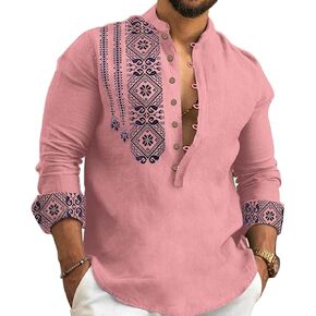 Mens Henley Shirts Casual T Shirt Long Sleeve Banded Collar Button Down Vintage Beach Tops in Kuwait