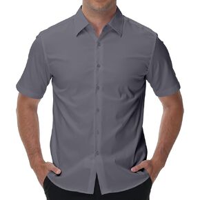 قمصان رجالية بأكمام قصيرة، خالية من التجاعيد، قابلة للتمدد، رسمية لحفلات الزفاف وحفلات التخرج، مقاس عادي، بأزرار سفلية in Kuwait