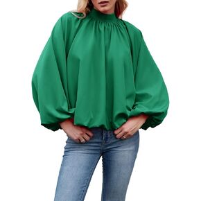 Womens Mock Neck Pleated Blouse Open Back Bow Tie Long Puff Sleeve Loose Fit Casual Shirt Cute Tops Fall in Kuwait