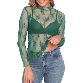 Askyes Womens Long Sleeve Mesh Lace Top Floral Mock Neck See Through Sexy Y2K Blouses in Kuwait