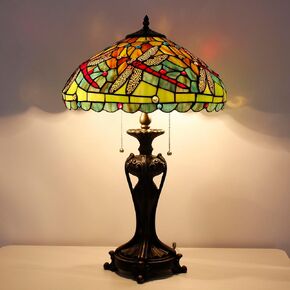 Tiffany Lamp(2 Lights) Stained Glass Table Lamp Bedside Desk Reading Light 16X16X24 Inch Decor Bedroom Living Room Home Office (Green Red Dragonfly) in Kuwait