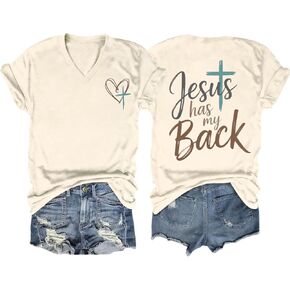 Christian Shirts for Women Jesus Has My Back V Neck Inspirational T-Shirt Religious Faith Bible Verse Tee in Saudi Arabia