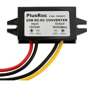 محول PlusRoc مقاوم للماء 12 فولت/24 فولت إلى 5 فولت 5 أمبير، محول باك 25 وات DC-DC مع أسلاك مفتوحة لمشاريع الإلكترونيات التي تصنعها بنفسك (عبوة من قطعتين) in Kuwait