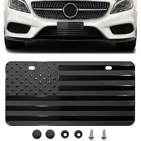 American Flag Front License Plate, Custom Black American Flag License Plate for Car Front Bumper, 6" x 12" Novelty Metal 3D Embossed US Tag Cover Patriotic Decoration Car Holders Frame（Black） in Kuwait
