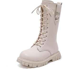 Girls Leather Lace Up Combat Knee High Boots with Side Zipper Fashion Buckle Straps Comfort Round Toe Chunky Heels Riding Boots Non Slip Lug Sole Motorcycle Boots Little Kid/Big Kid in Kuwait