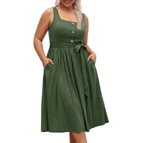 Beautife Women's Plus Size Summer Midi Dress Sleeveless A-Line Square Neck Pleated Belted Tank Dress in Kuwait