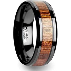 Acacia Koa Wood Inlaid Black Ceramic Ring with Bevels by Thorsten Jewelry - 8mm in Kuwait