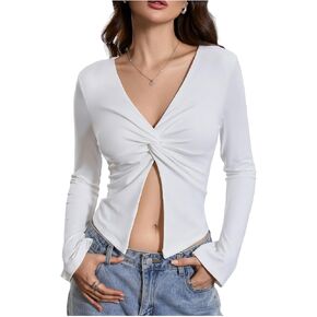 قمصان Verdusa النسائية ذات الأكمام الطويلة ذات الأكمام الطويلة ورقبة على شكل حرف V عميقة، تي شيرت قصير Y2K للخروج in Kuwait