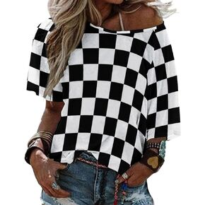 Black White Race Checkered Flag Pattern Womens Tops Sexy Off Shoulder Shirts Casual Short Sleeve T-Shirt in Kuwait