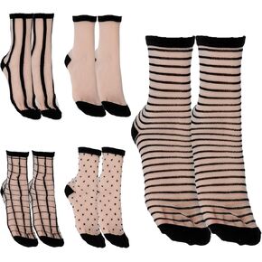 5pairs Sheer Socks for Women Black Sheer Ankle Socks Thin Nylon Transparent See Through Sock For Women Girls Striped Plaid Dot in Kuwait