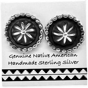 Genuine Sterling Silver Stud Earrings, Authentic Native American Handmade in New Mexico, USA, Post Stud, Small Round Jewelry for Women and Girls, Nickel Free, Oxidized Vintage Antique Finish in Saudi Arabia