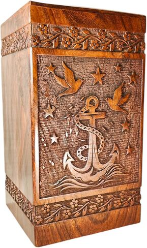 Carved Wood with Anchor DesignAnimal Design Handmade Wooden Cremation Urn Box for Adults Male Female Urn Human Ashes Holder Box for Living Room Decor (11 x 6 x 6 Inches) in Saudi Arabia