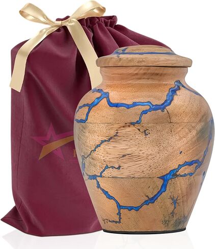 Wooden Cremation Urn for Adult Human Ashes – Handmade Mango Wood Funeral Urn with Green Epoxy Inlay – Large 225 Cu in Memorial Burial Urn Box with Velvet Bag (225 lbs) in Kuwait