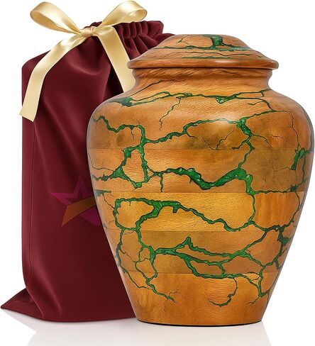 جرة حرق الجثث الخشبية للرماد البشري للبالغين - جرة جنازة مصنوعة يدويًا من خشب المانجو مع ترصيع إيبوكسي أخضر - كبير 225 مكعب في صندوق جرة الدفن التذكاري مع حقيبة مخملية (225 رطلاً) in Kuwait
