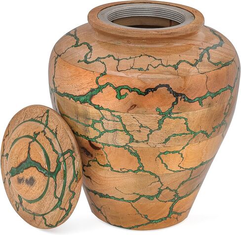 Wooden Cremation Urn for Adult Human Ashes – Handmade Mango Wood Funeral Urn with Green Epoxy Inlay – Large 225 Cu in Memorial Burial Urn Box with Velvet Bag (225 lbs) in Saudi Arabia