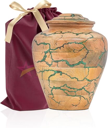 Wooden Cremation Urn for Adult Human Ashes – Handmade Mango Wood Funeral Urn with Green Epoxy Inlay – Large 225 Cu in Memorial Burial Urn Box with Velvet Bag (225 lbs) in Saudi Arabia