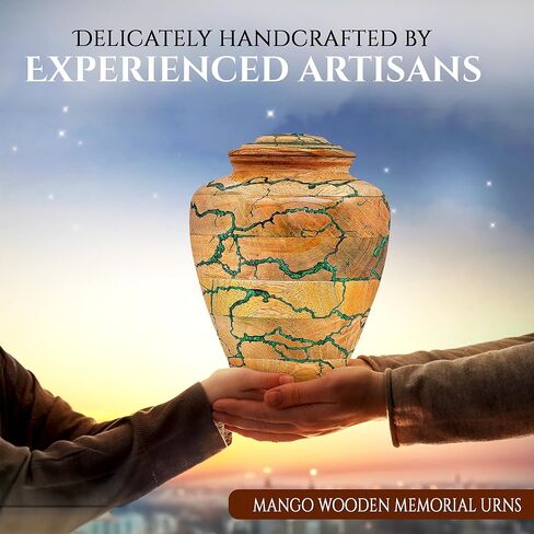 Wooden Cremation Urn for Adult Human Ashes – Handmade Mango Wood Funeral Urn with Green Epoxy Inlay – Large 225 Cu in Memorial Burial Urn Box with Velvet Bag (225 lbs) in Saudi Arabia