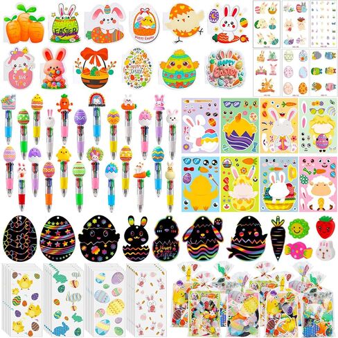 24 Pack Easter Party Favors Classroom Gifts Set with Classic Spring Designs for Teens, Easter Goodie Bags with Notebooks Pens Stickers Tattoos Scratch Art for Classroom Gifts Basket Stuffers in Kuwait