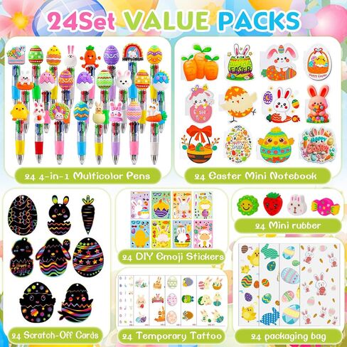 24 Pack Easter Party Favors Classroom Gifts Set with Classic Spring Designs for Teens, Easter Goodie Bags with Notebooks Pens Stickers Tattoos Scratch Art for Classroom Gifts Basket Stuffers in Kuwait