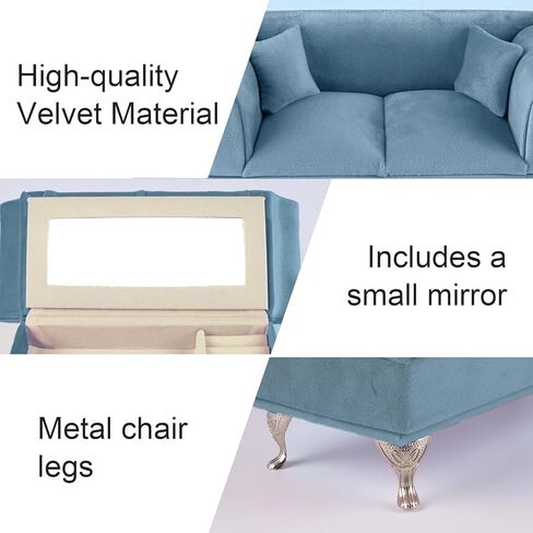 Openable Sofa Jewelry Box, Vintage Miniature Velvet Couch Jewelry Box Earrings Bracelets Rings Storage Box for Dollhouse Accessories(A,Blue) in Saudi Arabia